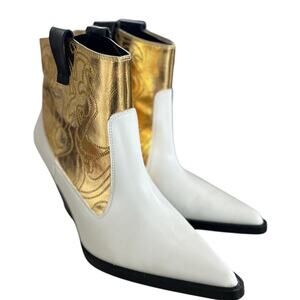 Zara White & Metallic Gold Faux Leather Pointed Toe Ankle Cowboy Western Boot